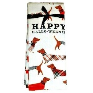 Happy Hallo-Weenie Kitchen Towels Dachshunds in Sweaters Halloween Dog 2pc Gift